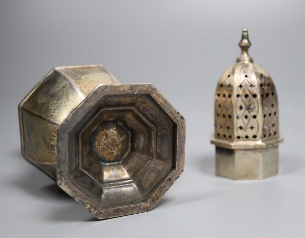 A 1930s silver octagonal sugar caster, 18cm, 5.5oz.